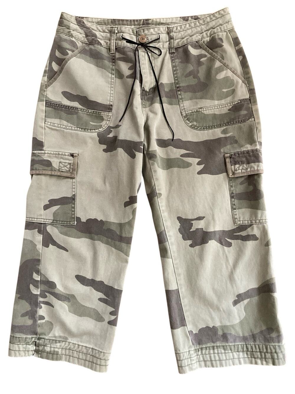 Vintage Y2k PB Basics Cotton Camo Low Rise Crop Cargo Capris Long Shorts Size M